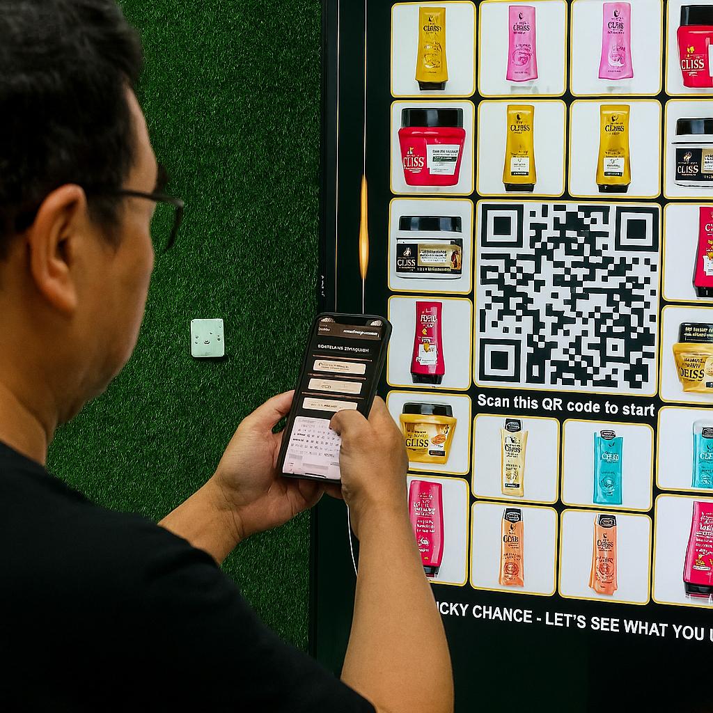 Guest playing Scan & Win interactive game by scanning QR code at a mall activation event in Dubai, with live name display and prize reveal on a big screen.